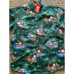 LOWES AUSTRALIA Surfin Santa Claus S/S Button Green‎ Hawaiian Shirt Men Sz M